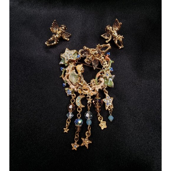 Vintage KIRKS FOLLY Signed Vintage Angel Cherub Earrings & Celestial Brooch Set - Picture 1 of 7
